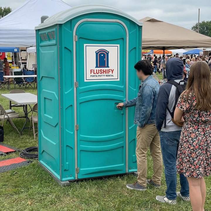 Teal portable toilet in use at a busy outdoor festival