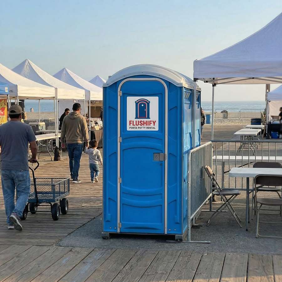 Blue portable toilet set up at a waterfront festival