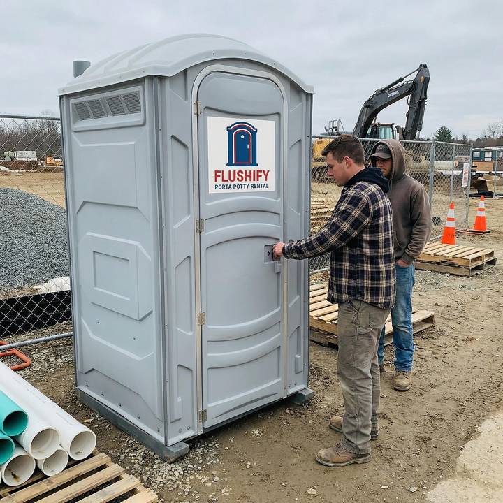 Grey portable toilet with a worker at a job site