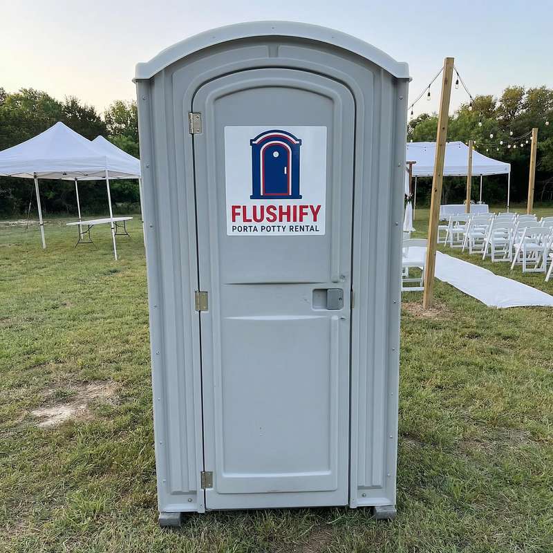 Grey portable toilet standing on grass at an open-air site