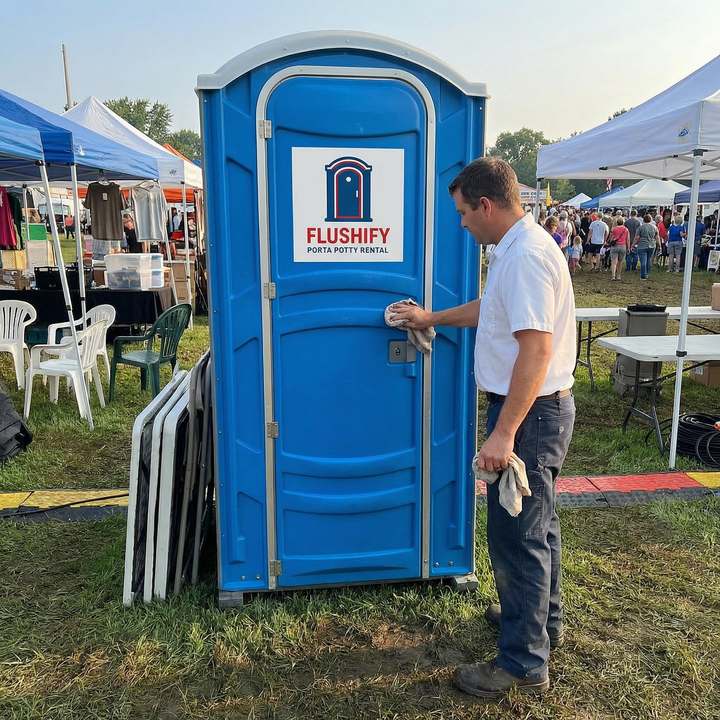 Technician wiping down a blue portable toilet during a service visit