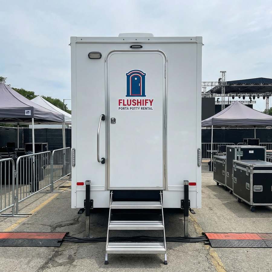 White restroom trailer with steps at an outdoor concert