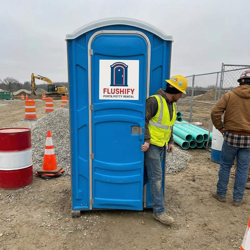 Blue standard portable toilet with a worker on a construction site