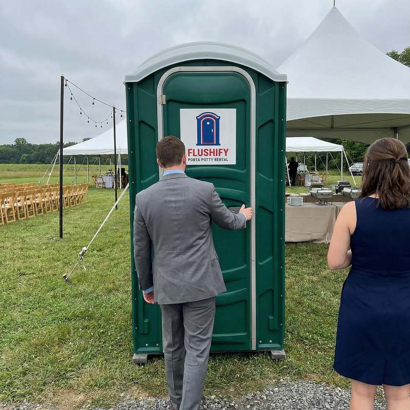 Green portable toilet set up on the lawn at an outdoor wedding